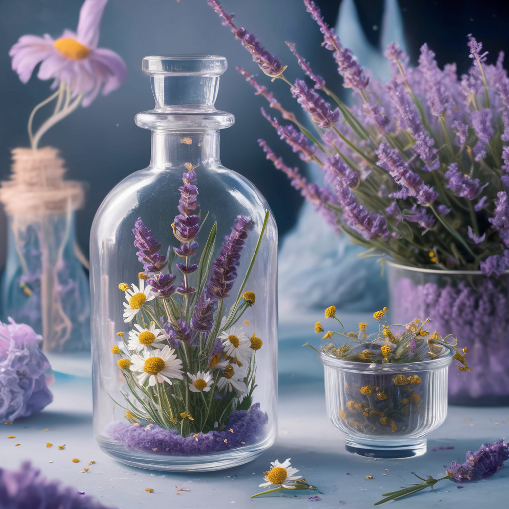 garrafa transparente contendo ramos de lavanda e flores de camomila